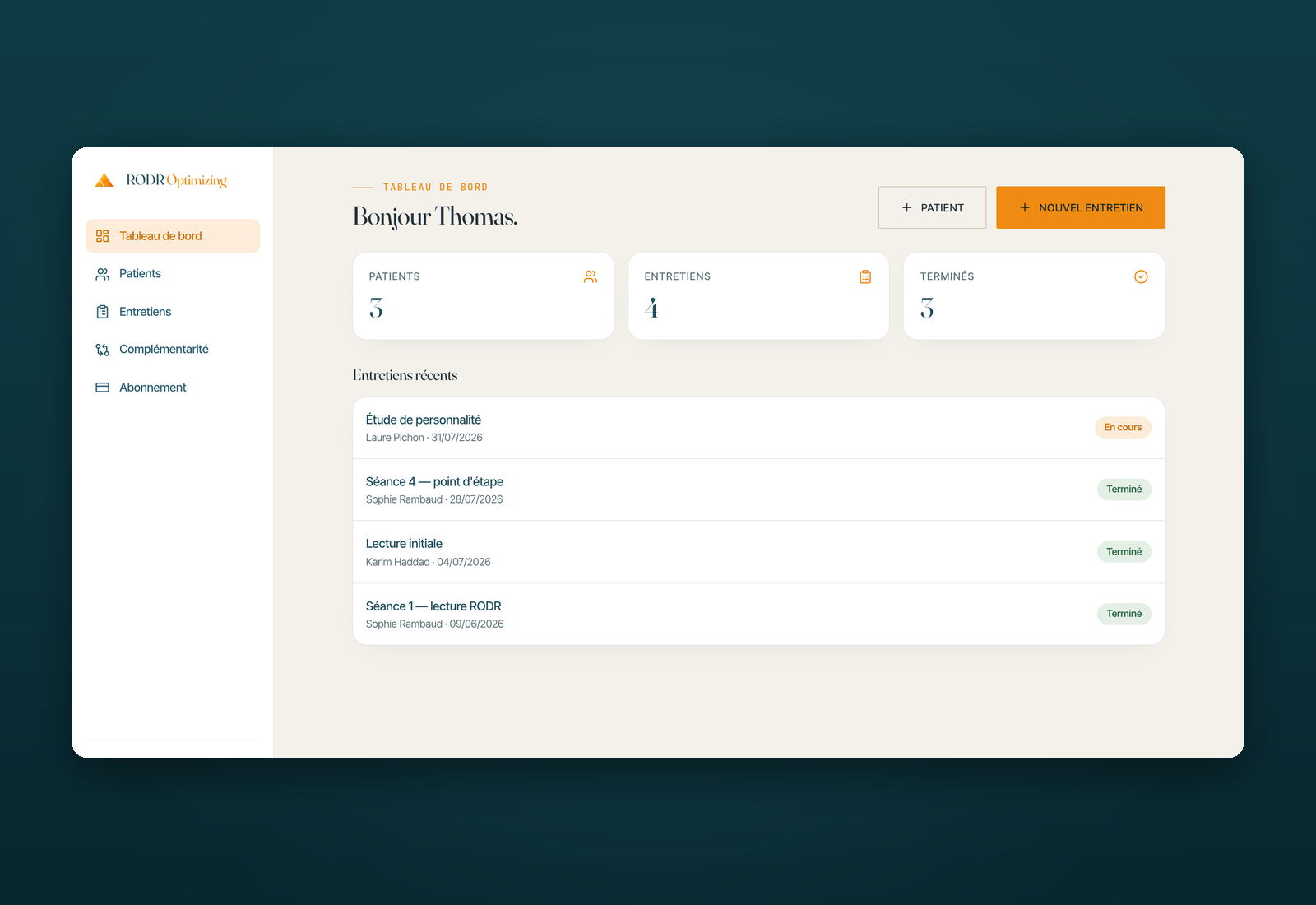 RODR Optimizing · le tableau de bord du praticien